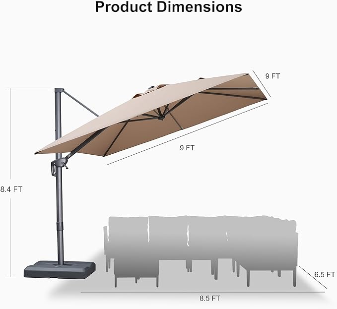 PURPLE LEAF Patio Umbrella 9' X 9' Rectangle Cantilever Umbrella Large Aluminum Outdoor Umbrellas with 360-degree Rotation & UPF40+ Premium Fabric for Deck Pool Garden Yard, Sand Dune