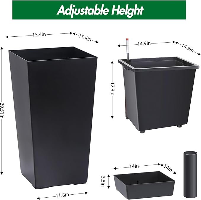 30 Inch Tall Self Watering Planters Set of 2, Outdoor Plant Pots with Automatic Watering System, Water Level Monitor, Drainage, Wheels & Inner Bucket, for Front Porch & Indoor Plants Black