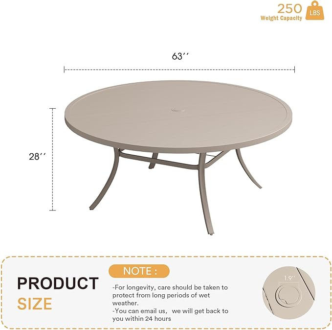 VICLLAX 63" Outdoor Round Patio Table with Umbrella Hole, All Weather Metal Round Outdoor Dining Table for Lawn Garden, 8-10 Person Table, Sandshell