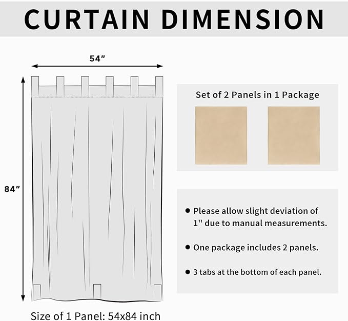 Easy-Going Outdoor Patio Curtains Detachable Tab Top Windproof Weatherproof Curtain for Cabana, Porch, Pergola and Gazebo, Tab Bottom Drape, 2 Panels, 54W x 84L inch, Beige