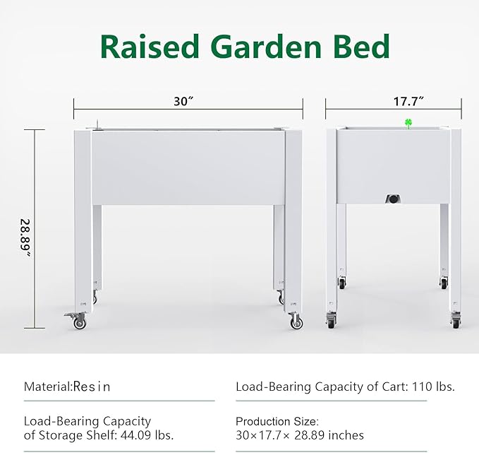 Raised Garden Bed with Legs, 28.9" Tall Self-Watering Raised Planter Box with Lockable Wheels, Drainage Plug and Gauge for Vegetables Flowers, Rustproof Resin for Backyard Patio (Ashen)