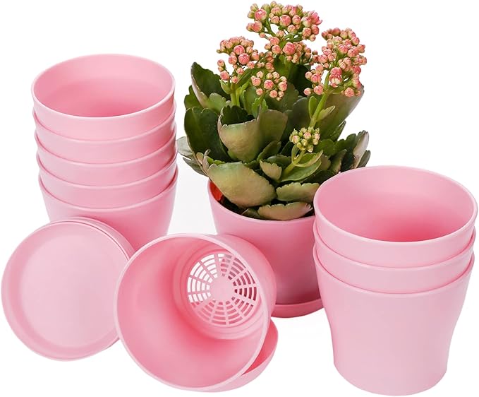 TDHDIKE 10 Pcs Plastic Planters Indoor Flower Plant Pots, Mini Flower Seedlings Nursery Pot/Planter/Flower Pot with Pallet, Modern Decorative Gardening Containers (Pink)