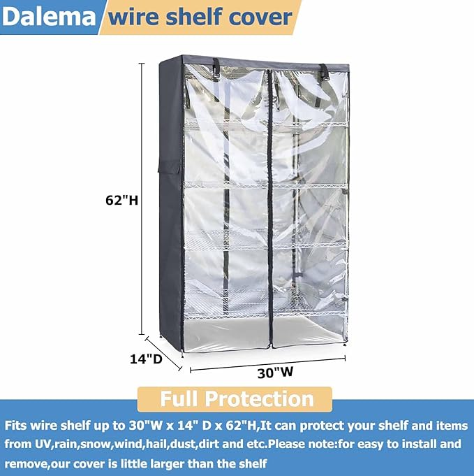 Waterproof Shelf Cover,600D Heavy Duty Dustproof Storage Wire Rack Covers,Outdoor Shelving Covers for Wire Shelves with Zipper 30''x14''x62'',Clear Front.