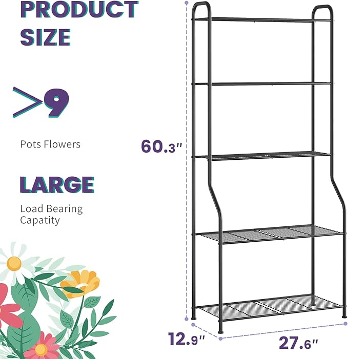 5-Tier Corner Plant Stand, Metal Black Flower Pot Rack, Indoor Outdoor Heavy Duty Shelf (Black, 5 Tier)