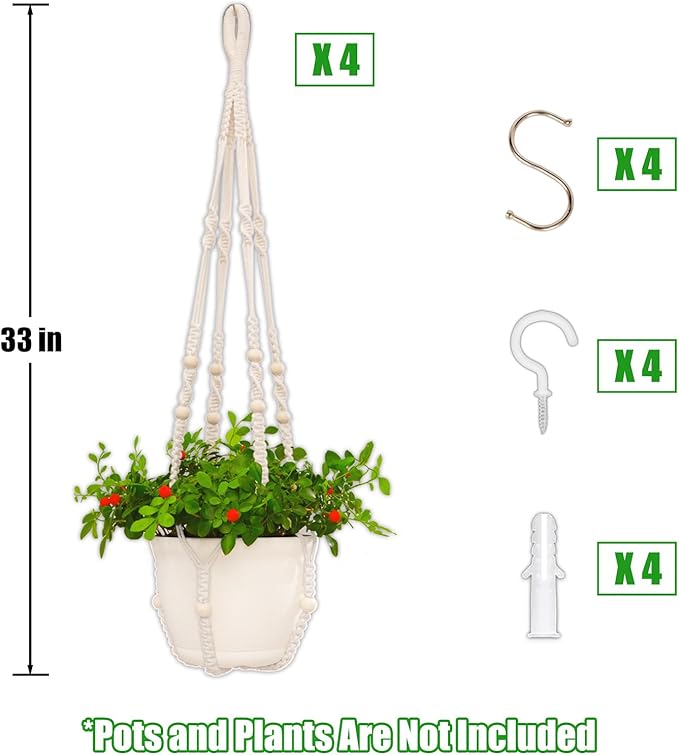 Macrame Plant Hanger Indoor,Hanging Planters for Indoor Plants with 8 Hooks,Outdoor Hanging Plant Holder Crochet for Window,Ceiling Boho Home Decor Basket Pot,White 4 Pack,Ivory