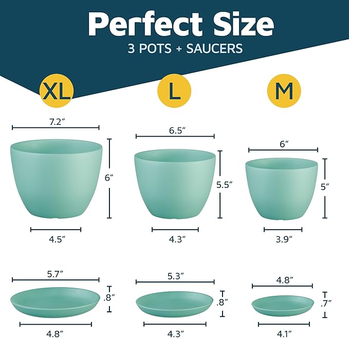 Aqua Plant Pots with Drainage Holes & Saucers 3 Pack, Indoor & Outdoor Stackable Space-Saving Planters for Houseplants & Flowers, (7", 6.7", and 6" Inches), Durable & Weatherproof Materials