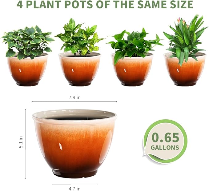 Plastic Plant Pots 8 Inch, 4 Piec Flower Pots with Drainage Hole, Modern Sleek Decorative Planter for Indoor Outdoor Succulent Snake Plants(Orange)