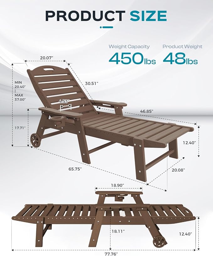 Ciokea Outdoor Chaise Lounge Chair Set of 2, Patio Lounge Chairs for Outside, HDPE Lounge Chairs with Wheels & Cup Holder, Poly Lounge Chair with 5 Position for Poolside, Deck, Dark Brown