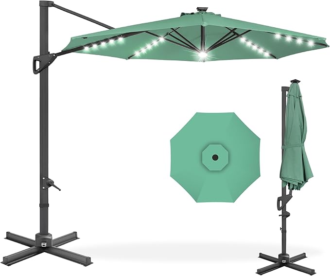 Best Choice Products 10ft Solar LED Cantilever Patio Umbrella, 360-Degree Rotation Hanging Offset Market Outdoor Sun Shade for Backyard, Deck, Poolside w/Lights, Easy Tilt, Cross Base