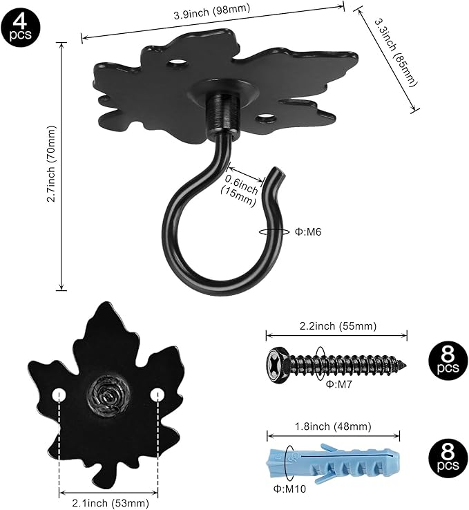Dolibest Wall Mount Ceiling Hooks, Plant Hooks for Ceiling, Metal Plant Bracket Iron Wall Mount Lanterns Hangers Hooks for Hanging Plants Lights, Outdoor Wire, Fairy Lights, Wind Chimes, Black (4PCS)