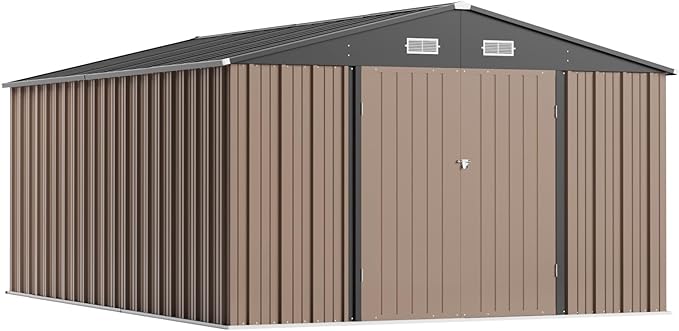 Greesum 10×14 FT Outdoor Storage Shed, Metal Storaged Sheds Without Floor, Tool Sheds with Lockable Doors and Sloping Roof for Garden, Patio, Brown