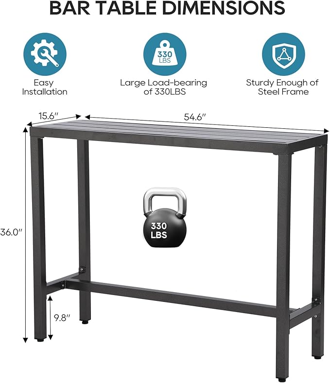 Outdoor Bar Table, Patio Console Pub Height Tables with Powder Coated Steel Frame, Weather Resistant Waterproof Top for Hot Tub, Balcony, Garden, Yard, Poolside (Grey, 55" Bar Table)