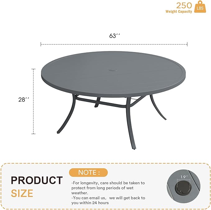 VICLLAX 63" Outdoor Round Patio Table with Umbrella Hole, All Weather Metal Round Outdoor Dining Table for Lawn Garden, 8-10 Person Table, Grey