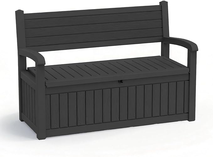 EasyUp 80 Gallon Wood Grain Style Outdoor Storage Bench, Waterproof and Lockable Deck Box Outdoor Storage Furniture for Patio,Garden,and Porch – Perfect for Storing Garden Tools and Cushions(Black)