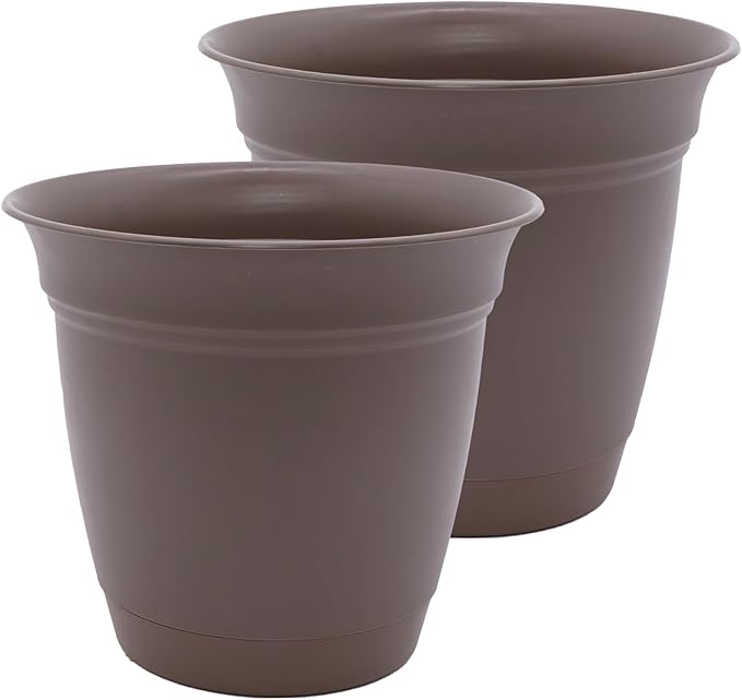 The HC Companies 10 Inch Eclipse Round Planter Pots with Drainage Holes & Attached Saucer, Lightweight UV-Resistant Plastic Indoor & Outdoor Planters, 2-Pack Flower Pots, Garden Home Decor, Cappuccino