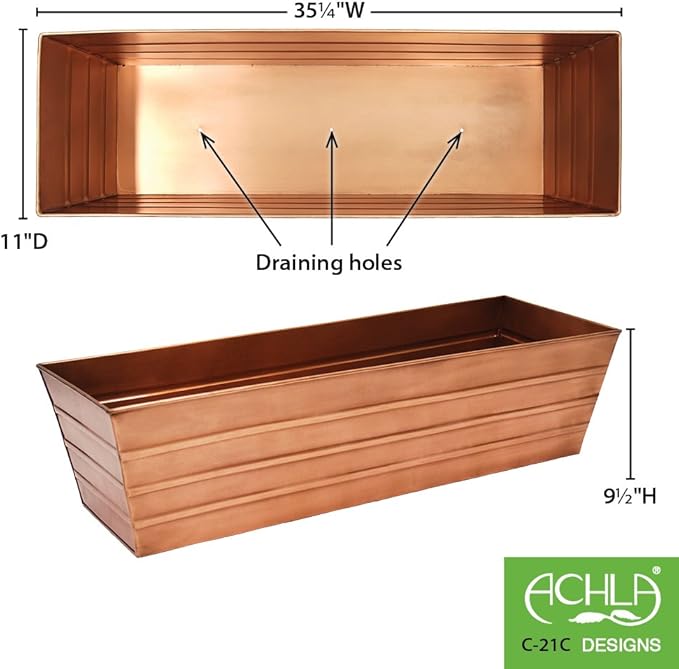Achla Designs C-21C Plated Flower Box, Window Flowerbox Planter, Large, Copper