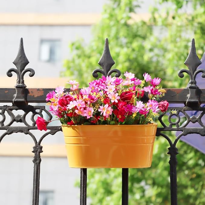 3 Pack Metal Railing Planters, 10.5" Oval Hanging Flower Pots with Detachable Hooks & Drainage Holes, Fits Rails up to 2.36", Galvanized Iron Fence Bucket for Balcony Garden Patio - Orange