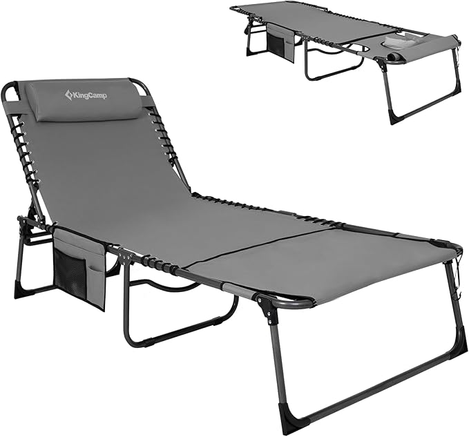 KingCamp Tanning Chair with Face Hole, Lounge Chairs Outdoor Folding Comfy Adjustable 5-Position Lay Flat Foldable Chaise Chaser Lounger for Outside Beach Patio Sun Bathing Pool, Grey