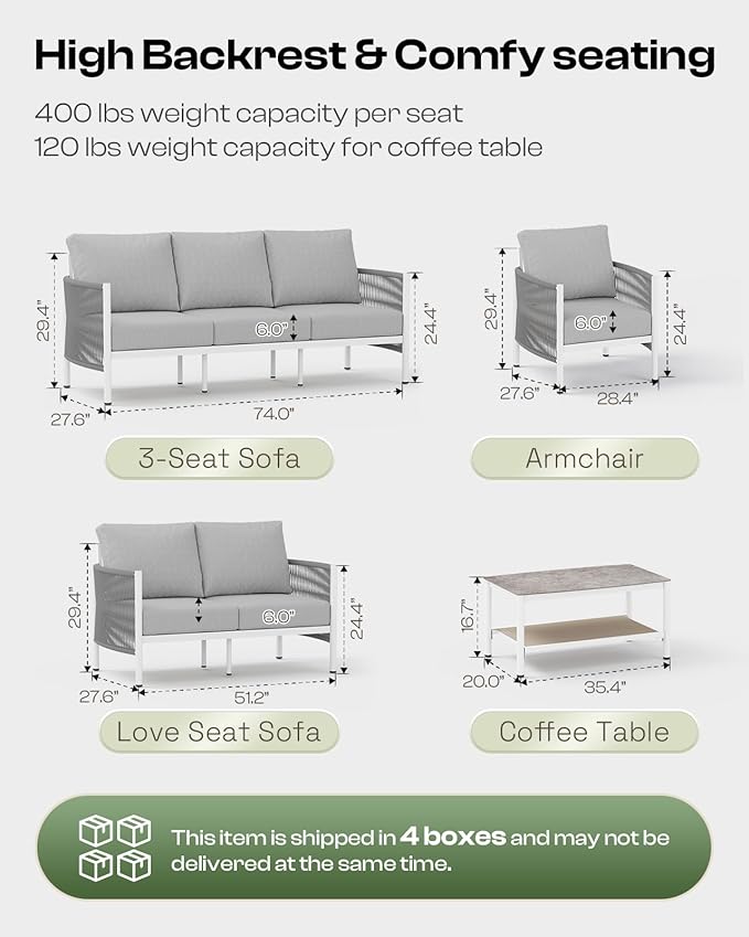 Aluminum Outdoor Patio Furniture Set with Dual-Layer Coffee Table, 5 Piece Modern Patio Conversation Sets with PE Rope, Outdoor Sectional Sofa with Thick Cushions for Balcony, Deck, White