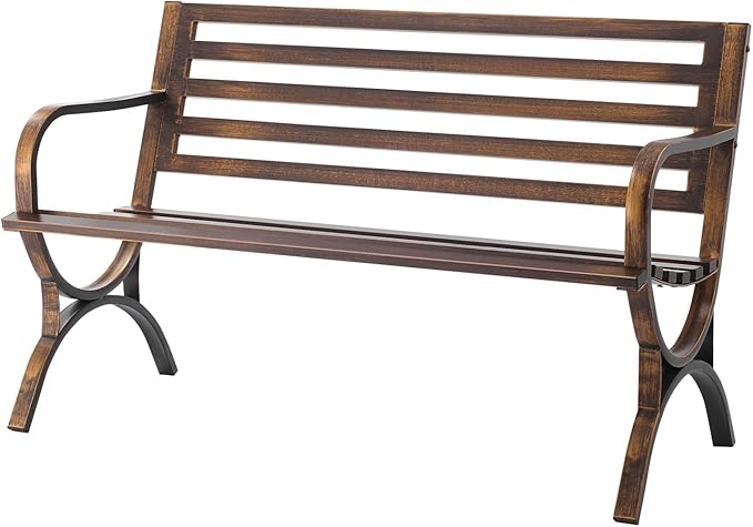 VEVOR Outdoor Bench, 50 inch, Carbon Steel Metal Frame with Slatted Pattern Backrest and Round Edge Armrests, Weatherproof Outside Bench for Patio, Garden, Park, Yard, Front Porch, Antique Bronze