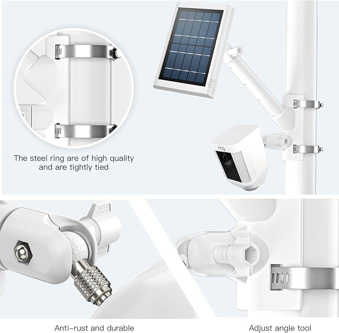 2-in-1 Pole Mounting Bracket for Ring Stick Up Cam Pro Solar Panel and Battery Outdoor Mount Accessorie, Also Compatible with Wyze, Arlo, Eufy, Blink Camera (White)
