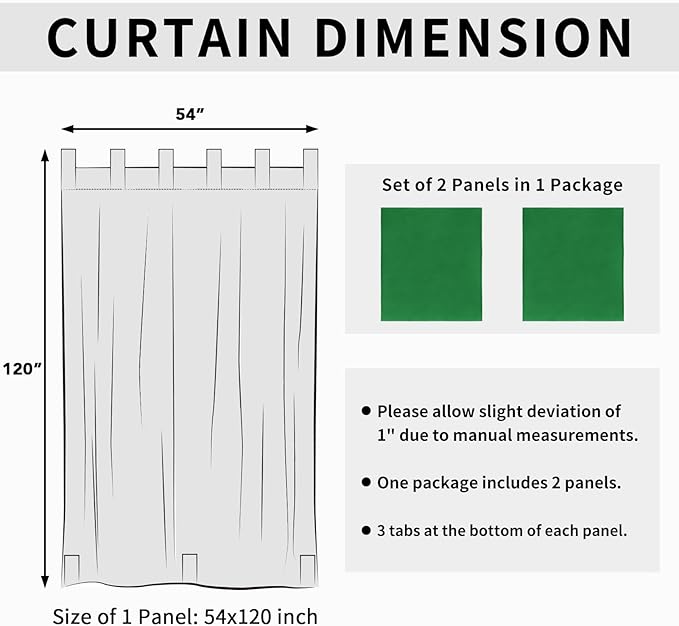 Easy-Going Outdoor Patio Curtains Detachable Tab Top Windproof Weatherproof Curtain for Cabana, Porch, Pergola and Gazebo, Tab Bottom Drape, 2 Panels, 54W x 120L inch, Green