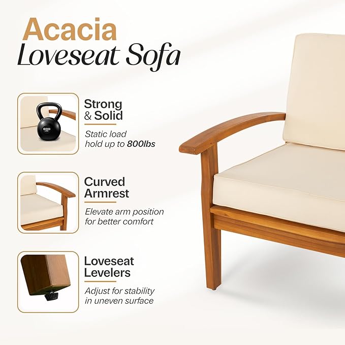 Idzo Laurent 700lbs Capacity Acacia Outdoor Loveseat, FSC Certified 2 Seater Patio Sofa with 3.9in Thick Cushions, Teak Finish Porch Couch for Garden Backyard