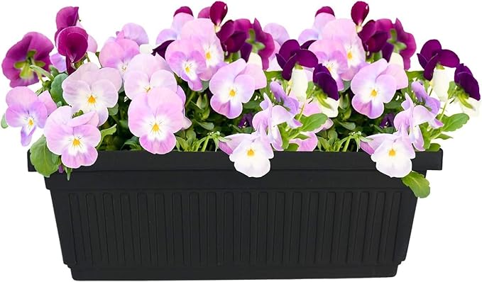 23.5 Inch Terra Roma Rectangular Window Planter Box - Lightweight Plastic Indoor Outdoor Plant Pot with Drainage for Windowsill, Herbs, Flowers, Black