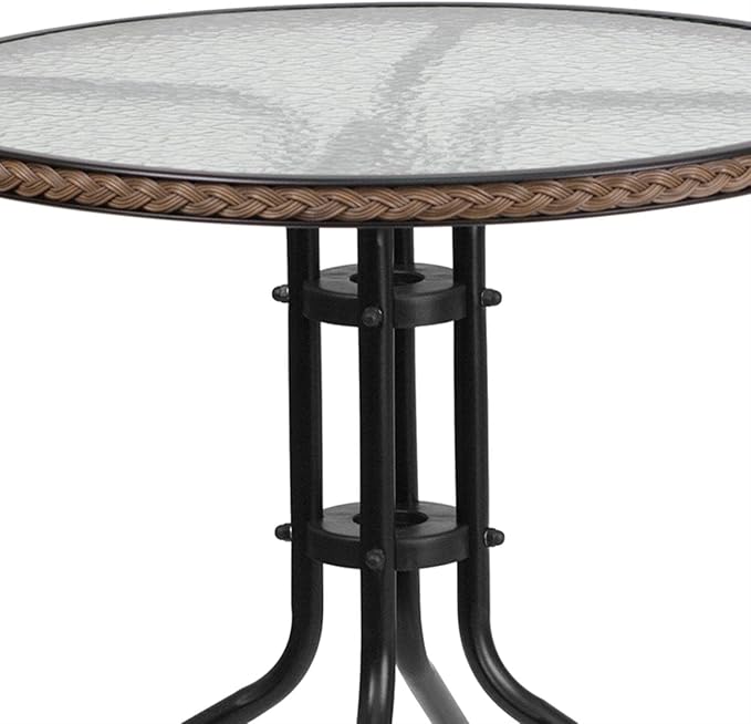 Flash Furniture Lila 28'' Round Glass Metal Table with Dark Brown Rattan Edging and 2 Dark Brown Rattan Stack Chairs