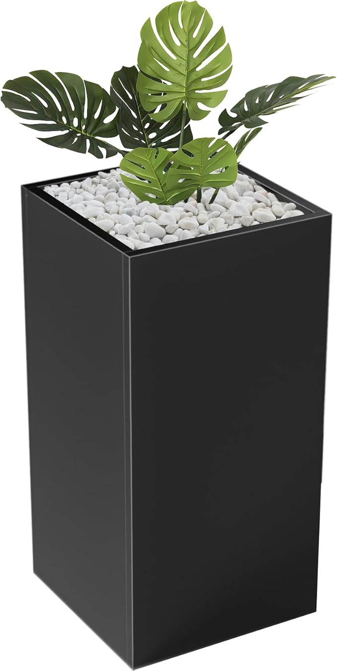 Metal Large Planter Box 15" L x 15" W x 30" H, Heavy Duty Tall Rectangle Outdoor Planter Box with Removable Insert Shelves for Porch, Garden, Patio, Yard (Black)