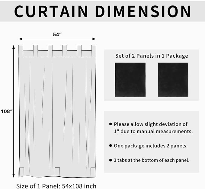 Easy-Going Outdoor Patio Curtains Detachable Tab Top Windproof Weatherproof Curtain for Cabana, Porch, Pergola and Gazebo, Tab Bottom Drape, 2 Panels, 54W x 108L inch, Black