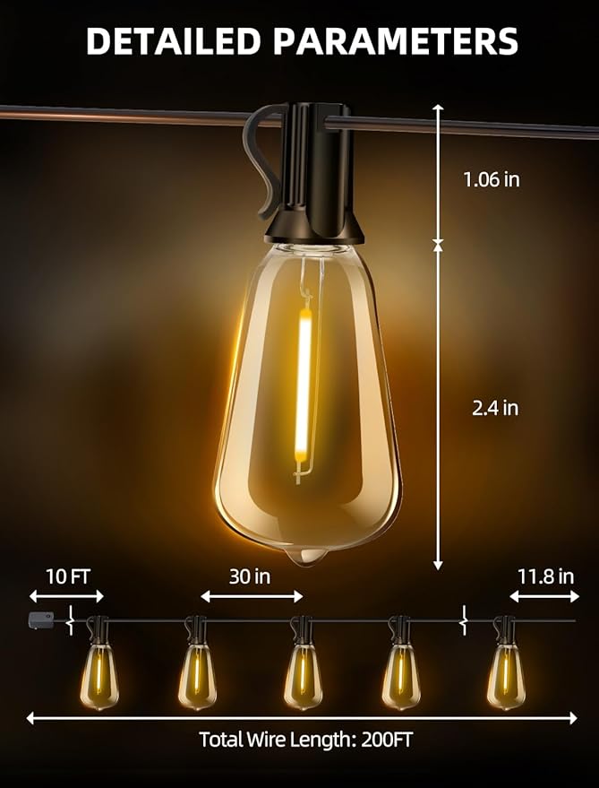 Outdoor Patio String Lights: 200Ft 60M Outside Waterproof Light - Remote Dimmable ST38 Shatterproof Bulb Connectable Hanging Outdoor Electric Lighting - Backyard Yard Gazebo Porch Party