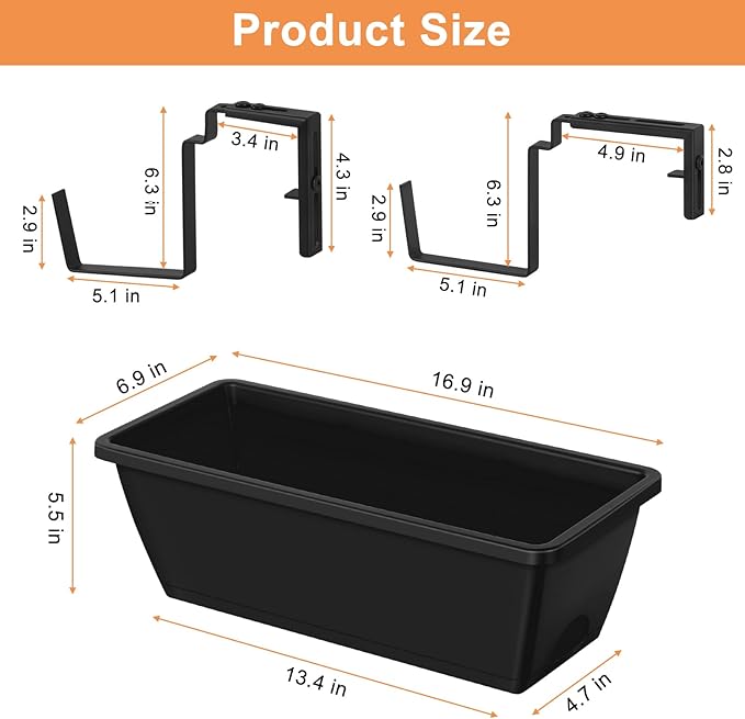 ETELI Railing Planter Hanging and Planter Box Brackets Set 6 Pack Adjustable Deck Window Boxes Planters with Drainage Holes for Garden Railing Fence, Black