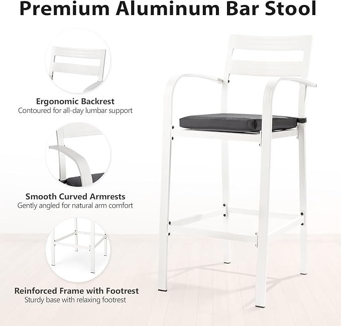 VINGLI Outdoor Bar Stools Set of 2, All-Weather Bar Height Aluminum Stools with 1.6" Thick Cushion, Rust-Proof Patio Chairs for Backyard, Poolside, Balcony & Kitchen Island (White)