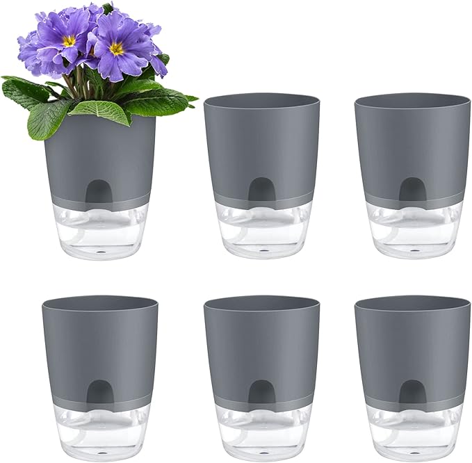 ShineMe Self Watering Flower Pots, 4.1 Inch Self Watering Planters for Indoor Plants, 6 Pack Plastic Plant Pots for African Violets, Herbs, Aloe, Peace Lily with Absorbent Cotton Rope (Gray)