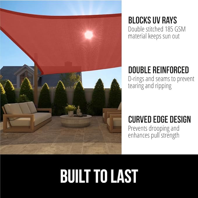 GORILLA GRIP Heavy Duty Sun Shade, UV Protection Fade Tear and Rust Resistant Rectangle Sunshade Canopy, Curved Edges Blocks Sunlight, Breathable Sail, Outdoor Patio, Lawn Garden 12x12 FT Terra