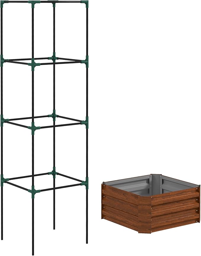 Outsunny Galvanized Raised Garden Bed, 73.5" Outdoor Planter Box with Trellis Tomato Cage and Open Bottom for Climbing Vines, Vegetables, Flowers in Backyard, Garden, Patio, Brown