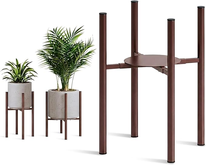 Plant Stand Indoor for 2 Height Options ,Mid Century Modern Outdoor Planter Holder,Corner Plant Stand Capacity of 160LB for 8 to 14 Inch Pots Coffee with Round Plate