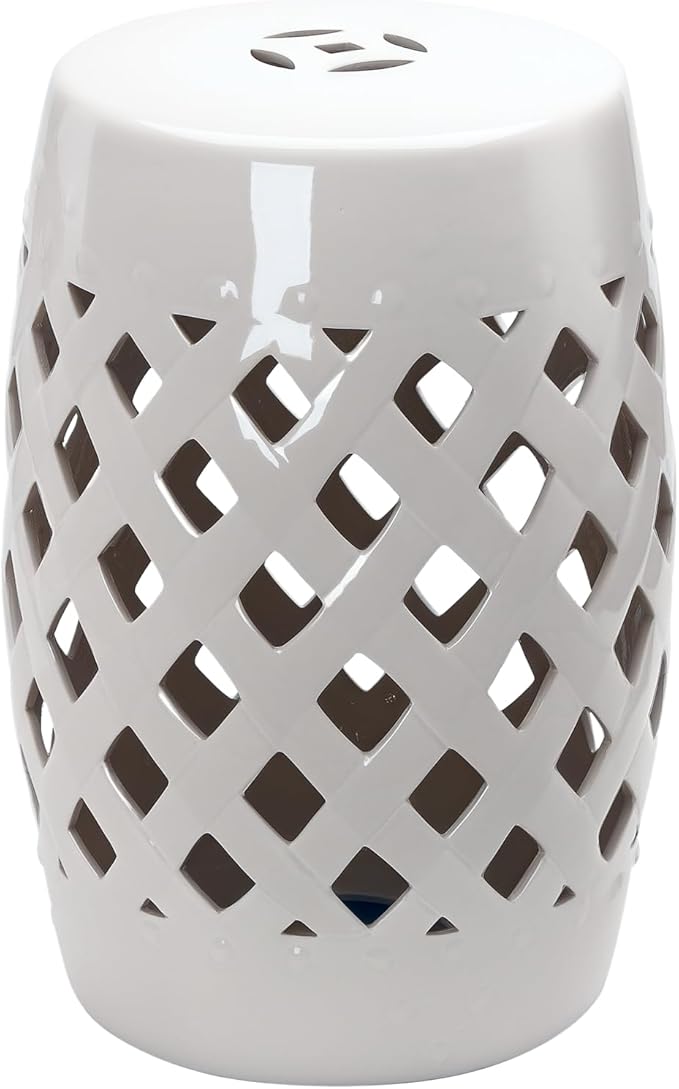 Outsunny 13" x 18" Ceramic Garden Stool with Woven Lattice Design & Glazed Strong Materials Decorative Outdoor Stool, White
