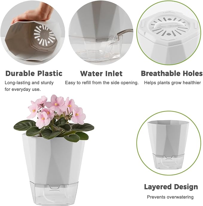 5 Pack Self Watering Pots for Indoor Plants 6.7 Inches Self Watering Planters African Violet Self Watering Pots Clear Pot for Herb Orchid Flower Houseplant, Light Grey