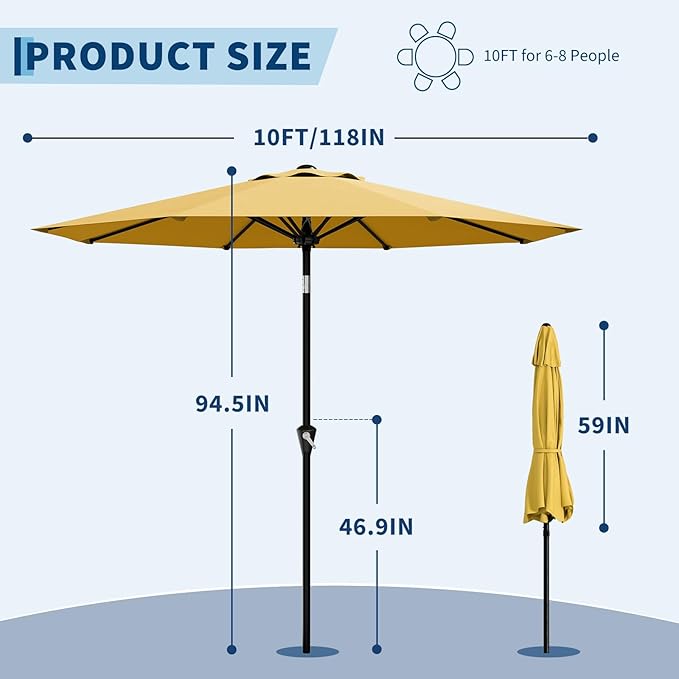 Garvee 10FT Patio Umbrella - Outdoor Table Umbrella with Smooth Crank Lift, Push Button Tilt and 8 Sturdy Ribs - Market Umbrella UV Protection Waterproof for Pool, Deck, Yard, Garden (Yellow)
