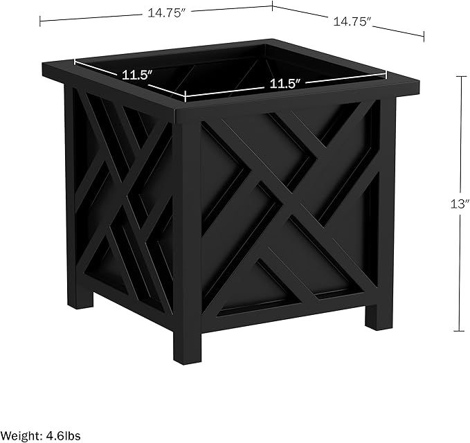 Lattice Design Outdoor Planter Box - 14.75” Square 13” Tall Black Plant Pot - Decorative Plant Pots for Front Porch Decor - Flower Pots Outdoor Planters for Porch Patio or Garden Decor by Pure Garden
