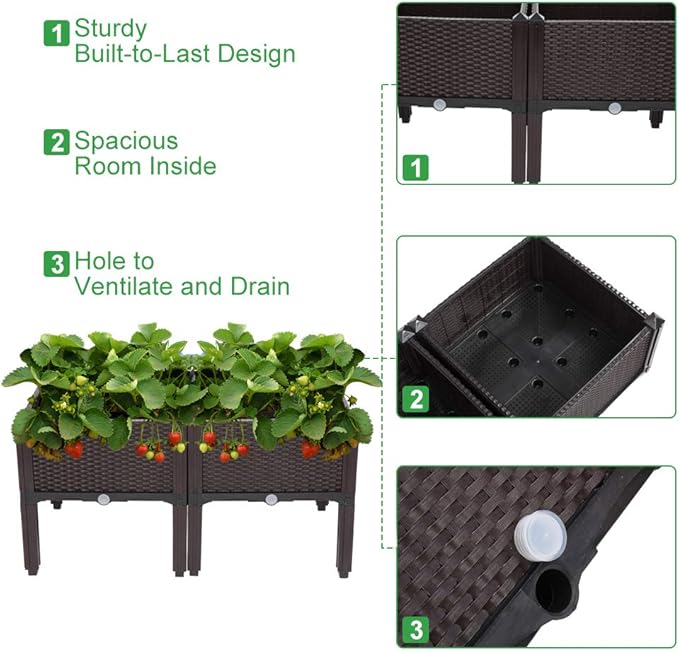 VINGLI Square Raised Garden Bed, Self-Watering Plastic Planter for Indoor Outdoor Vegetables, Fruits, Potato, Flowers, All Weather (2 Pcs)