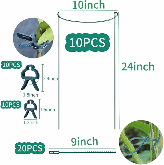 TCBWFY 10 Pack Plant Support Stakes for Peony,10"Widex24"High Heavy Duty 4.5mm Peony Cages and Support,Metal Peony Supports for Outdoor Indoor Plants,Plant Supports for Peony