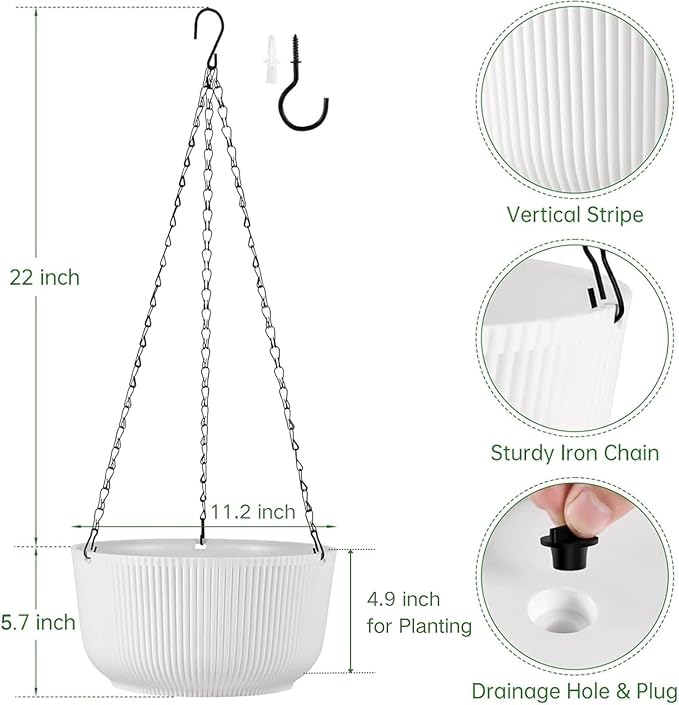 11.2 Inch Hanging Planters for Outdoor Indoor Plants, Set of 2 Self-Watering Hanging Pots with Drainage Hole & Plug II Screw-in Hooks II Non-deforming