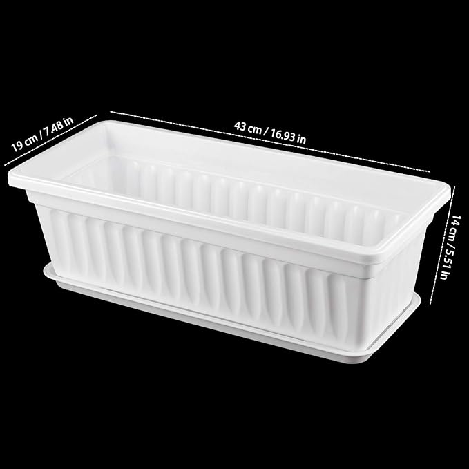 6 Pack 17 Inches Countryside Flower Box Planters, Plastic Vegetable Planters with 30 PCS Plant Labels, White Flower Window Boxes with Attached Tray for Windowsill, Patio, Garden, Balcony…