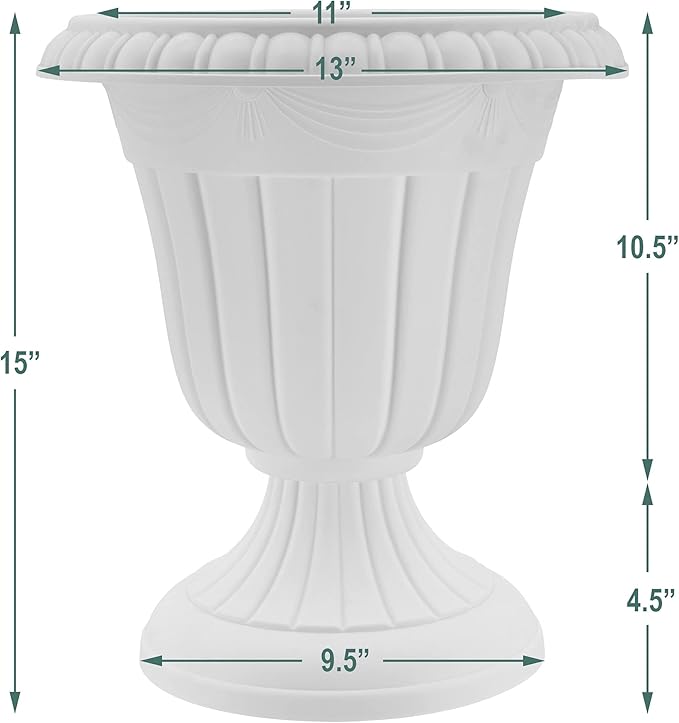 Arcadia Garden Products PL10WW Classic Traditional Plastic Urn Planter, 15" x 13", Whitewash