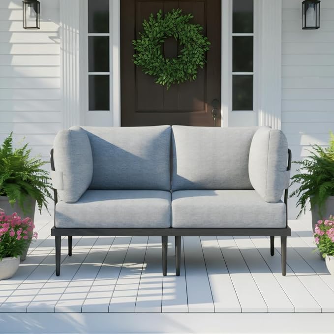 Sundale Outdoor 2 Pieces Metal Patio Furniture Set, Outdoor Sectional Sofa w/6 Inch Olefin Cushion, Modern Outdoor Conversation Sets for Porch, Balcony
