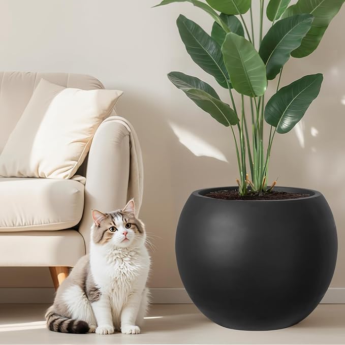 Large Round Planter with Drainage Hole, 13.7''H × 17.7''D Sphere Planter Indoor Plant Flower Pot for Outdoor Garden Patio Home, Black