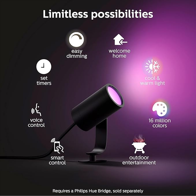 Philips Hue Lily Outdoor Smart Spotlight Base Kit, 3 Pack, White and Color Ambiance LED Walkway Lights, Low Voltage Landscape Lighting, Requires Bridge, Control with App & Voice, Weatherproof